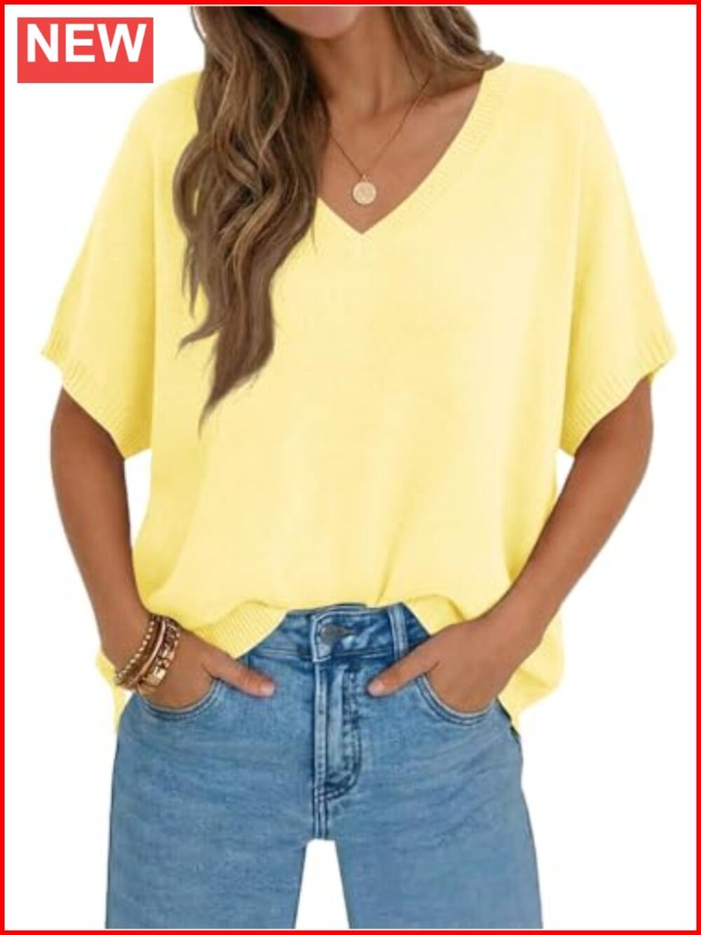Womens Oversized Sweater Batwing Short Sleeve V Neck Lightweight Summer Knit